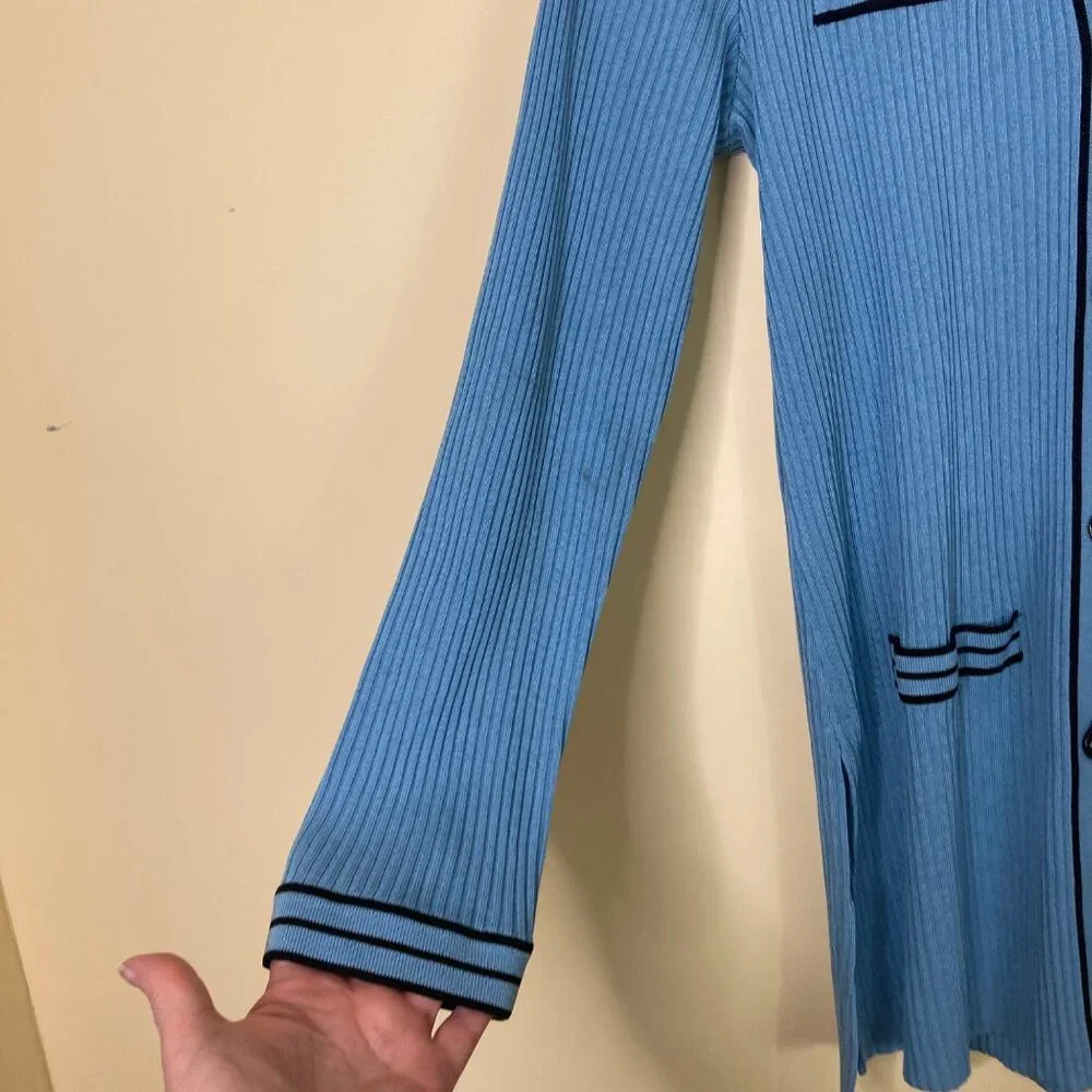 Exclusively Misook Womens M Blue Ribbed Long Cardigan Sweater Acrylic Flawed - Picture 8 of 11